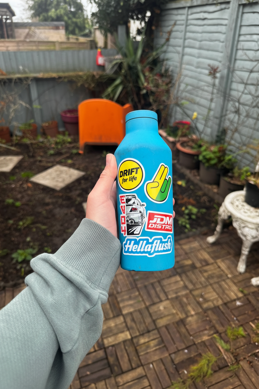 JDM Stickers on Blue Bottle